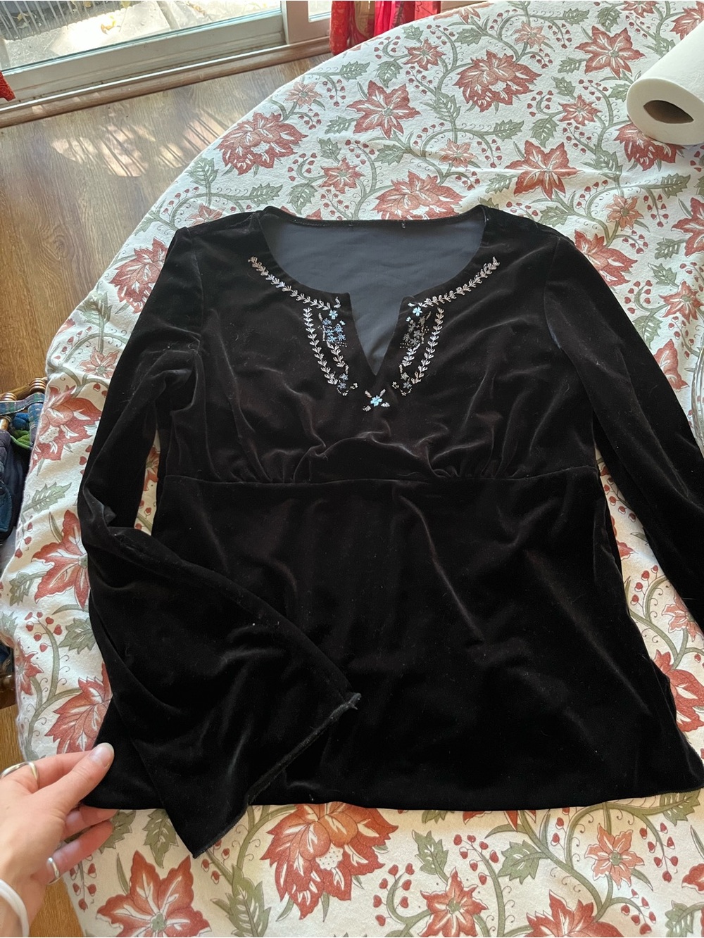 Vintage Black Velvet Embellished Long-Sleeve Top
